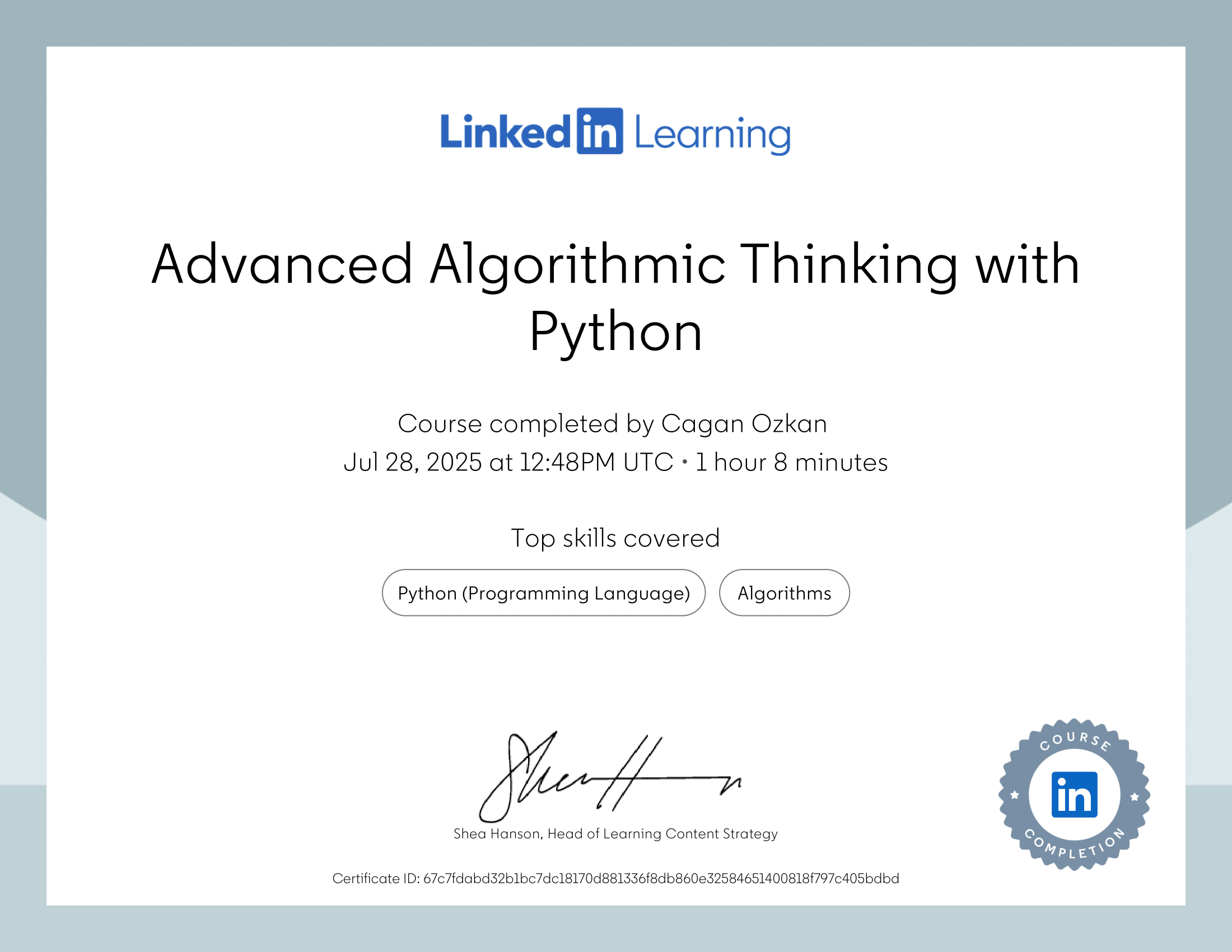 LinkedIn Learning Certificate: Advanced Algorithmic Thinking with Python