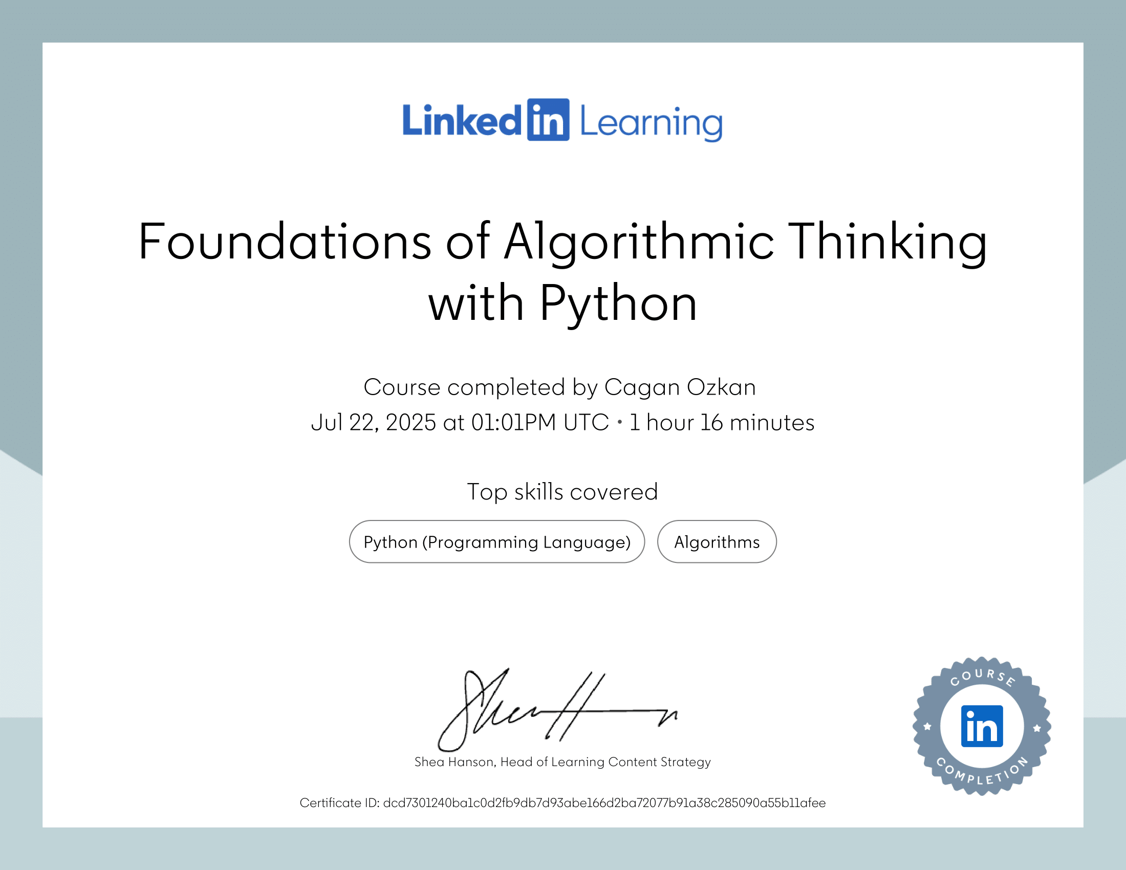 LinkedIn Learning Certificate: Foundations of Algorithmic Thinking with Python