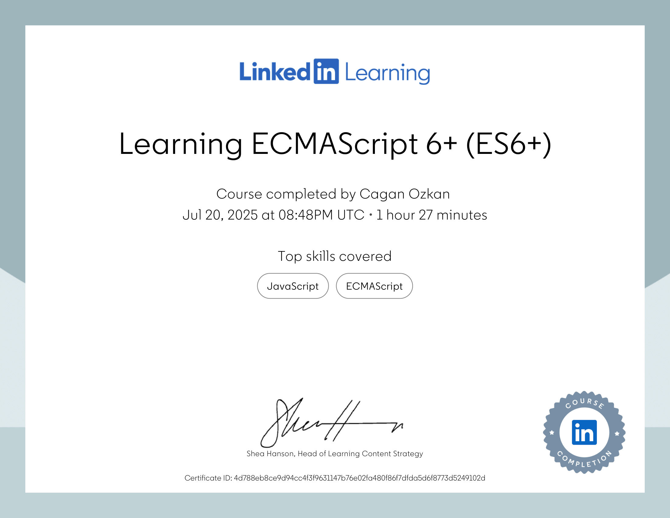 LinkedIn Learning Certificate: Learning ECMAScript 6 (ES6+)