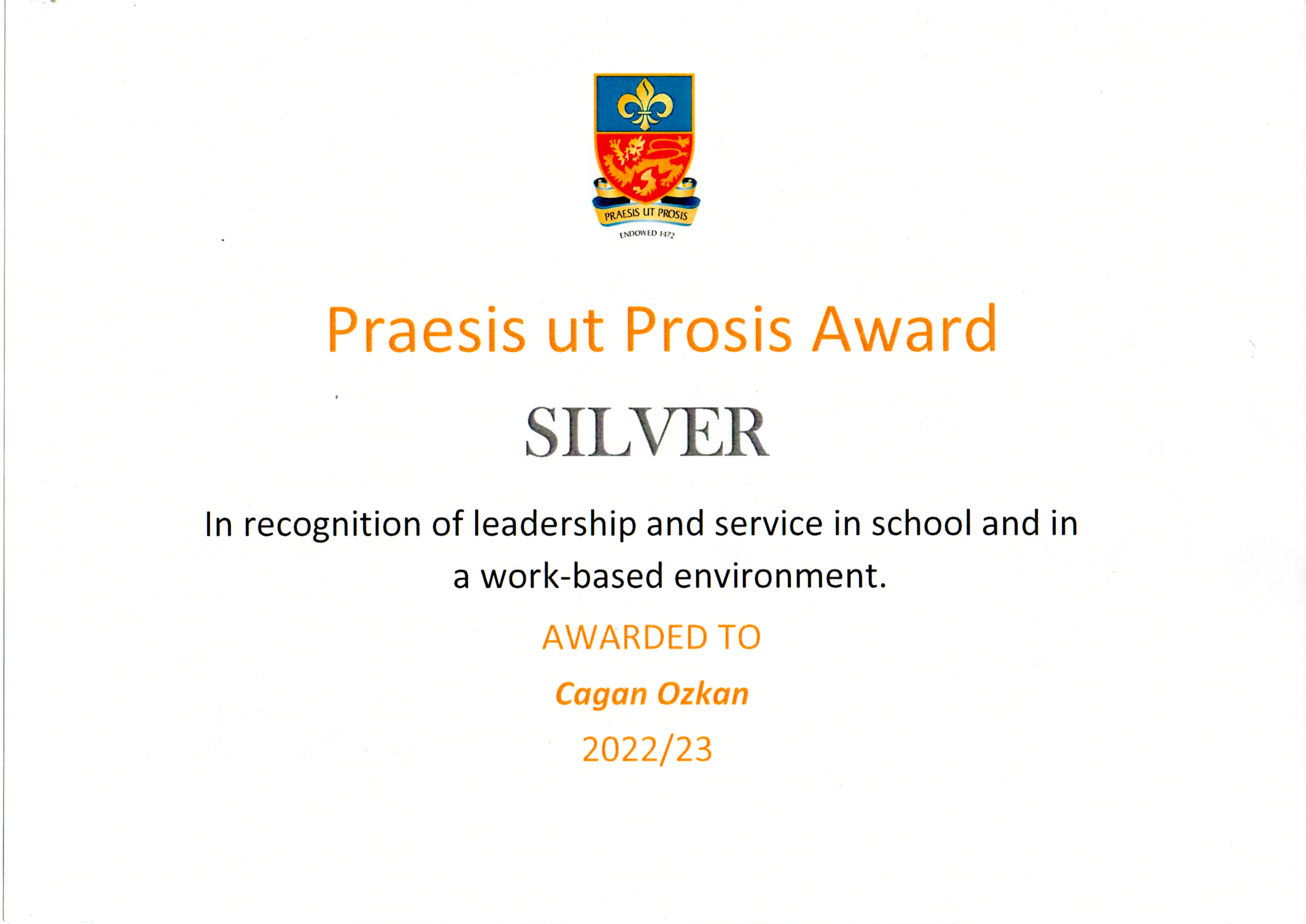 Lancaster Royal Grammar School Praesis ut Prosis Silver Award